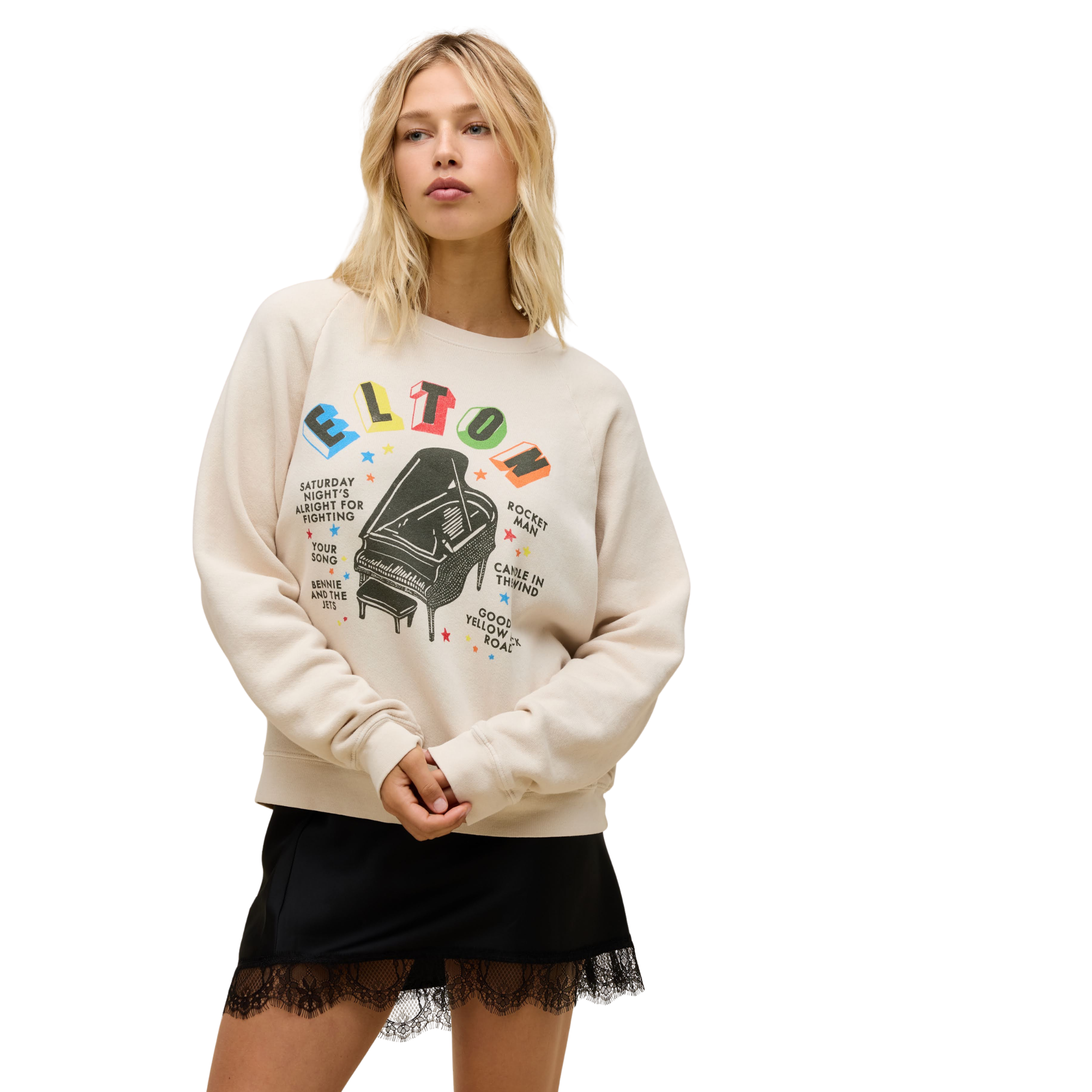 Elton John Rainbow Piano Vintage Raglan Sweatshirt Front View with Model