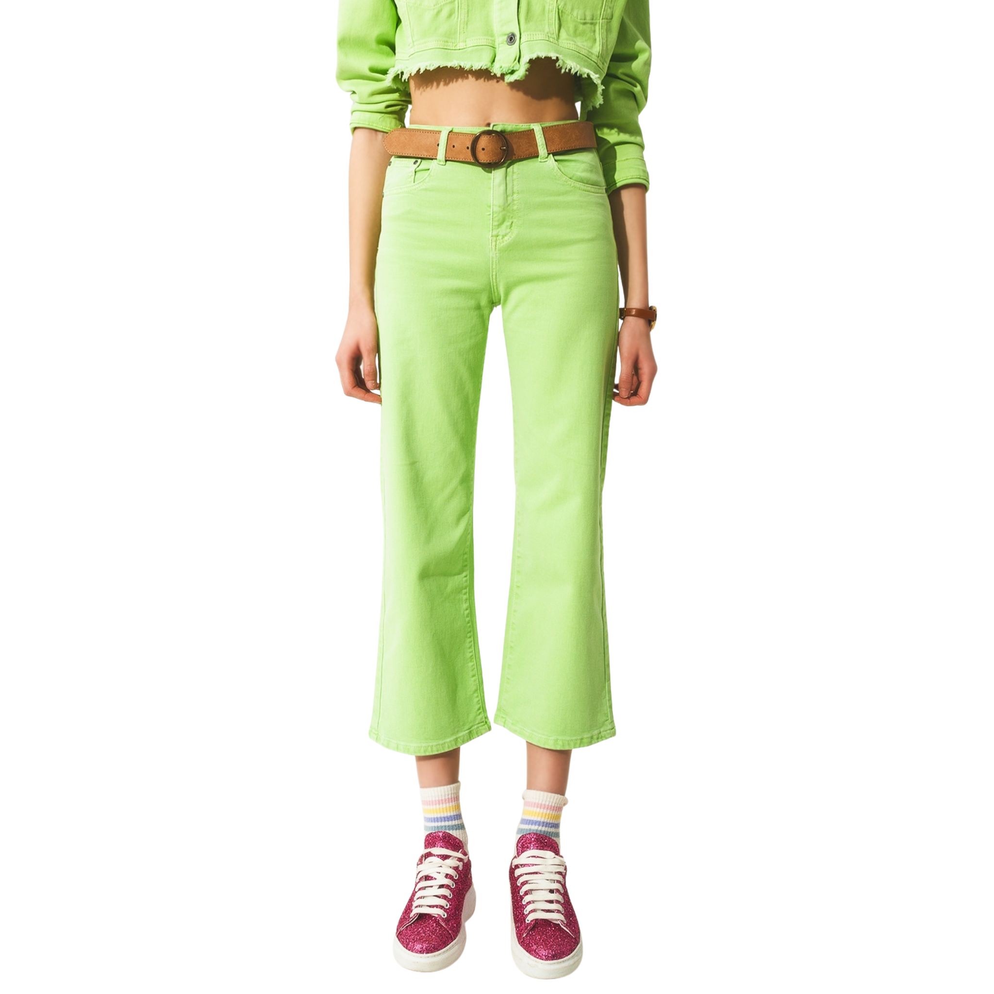 Cropped Wide Leg Jeans in Acid Green Front View with Model
