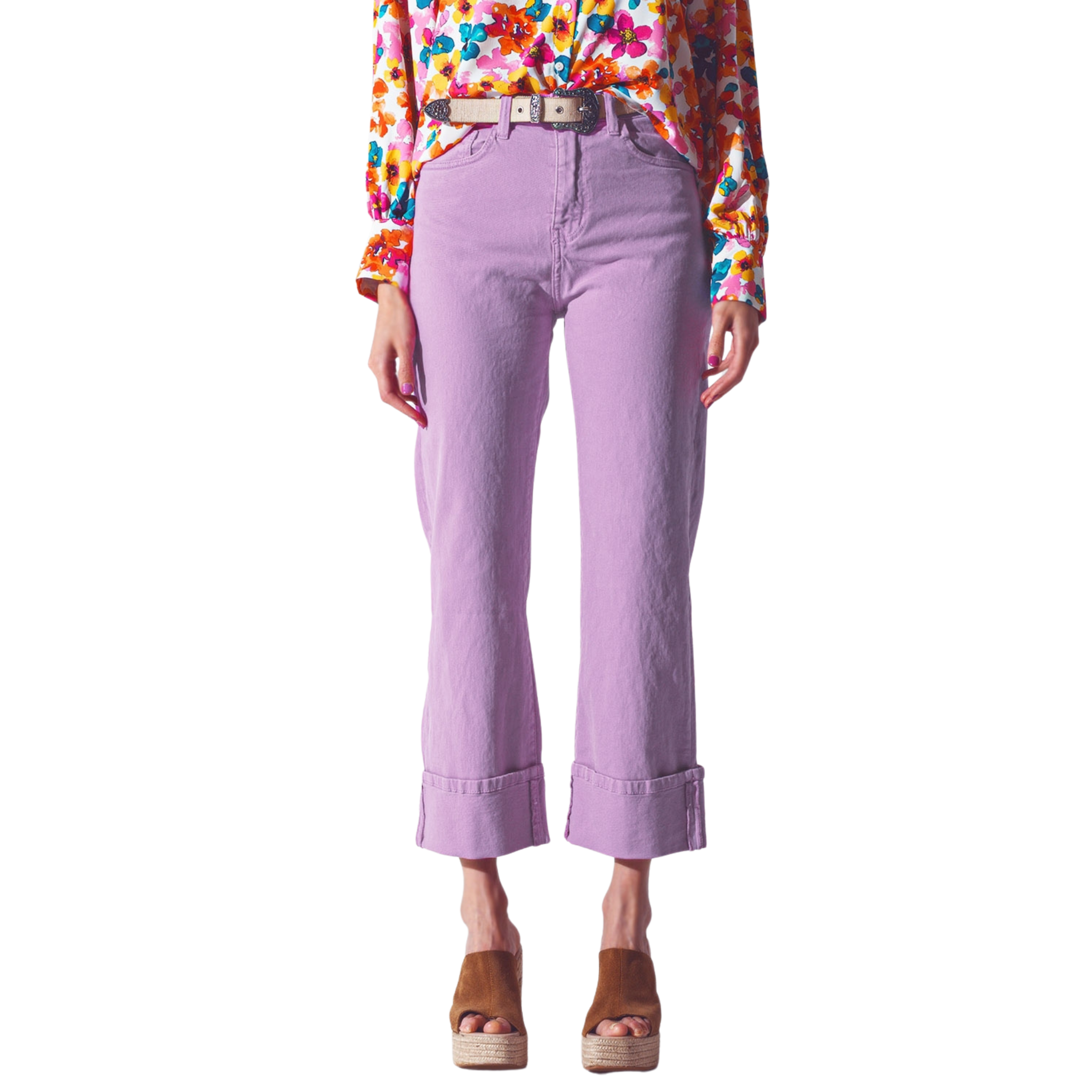 Straight Leg Jeans with Cropped Hem in Purple Front View