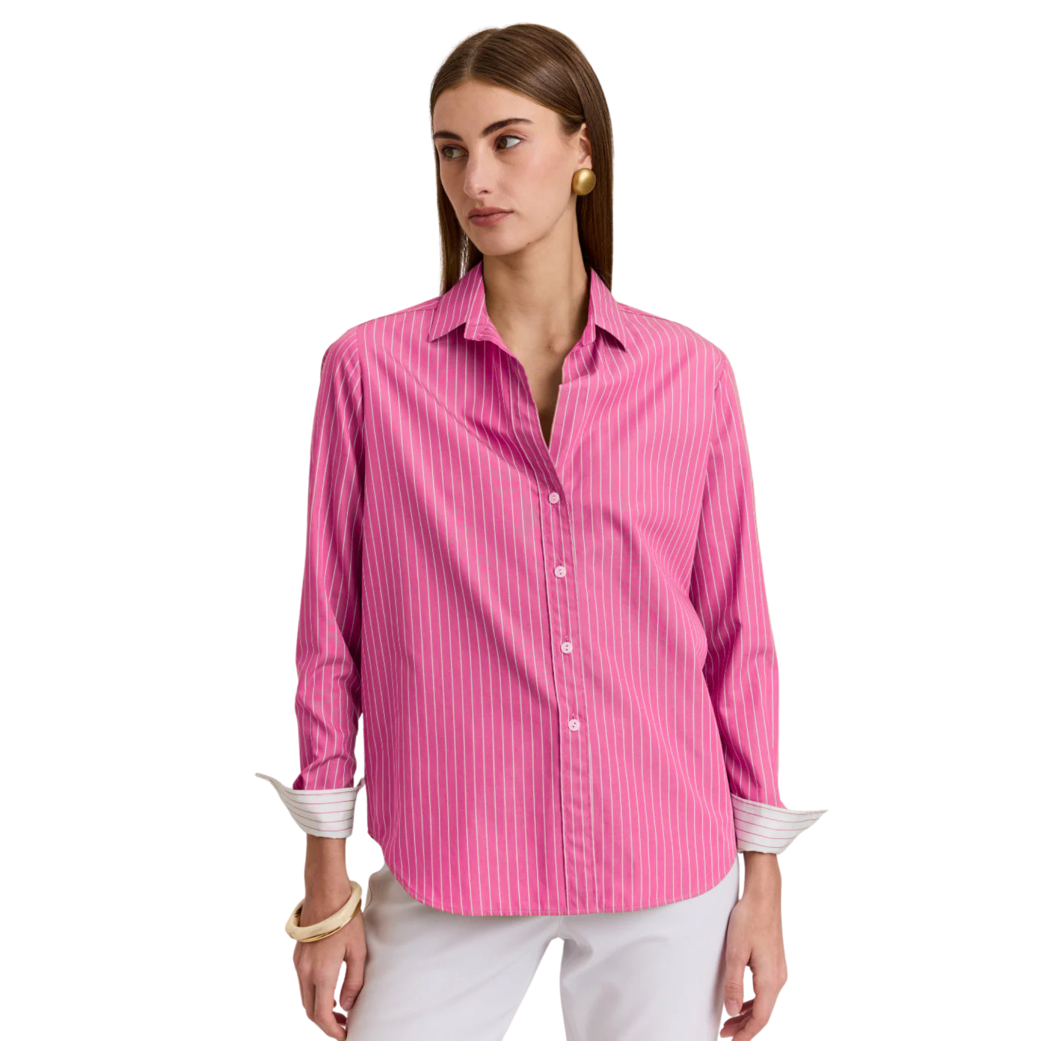 Esther Shirt in Guava and White Front Model View