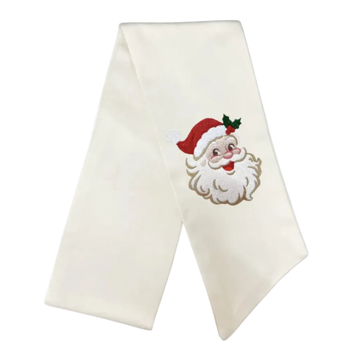 White wreath sash with embroidered Santa Claus face on a white background