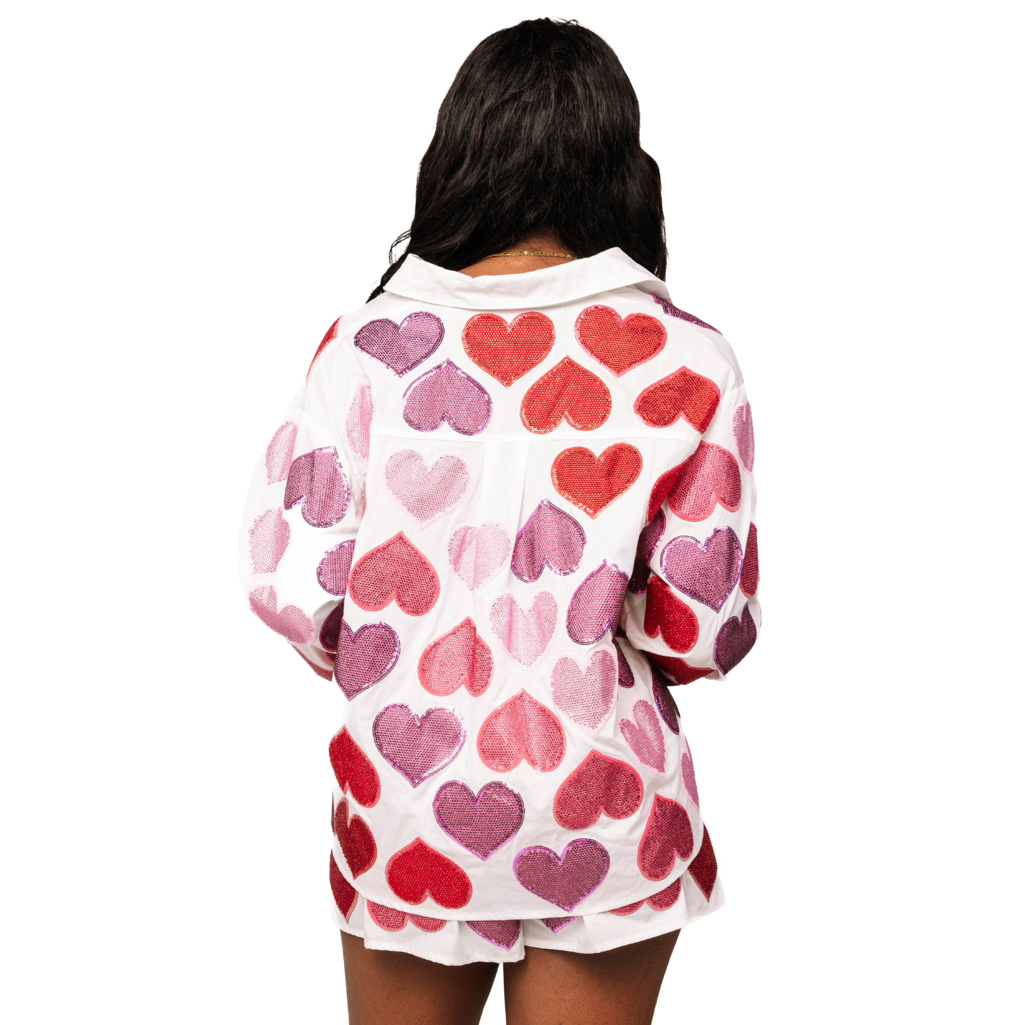 White Multi Rhinestone Hearts Button Up Cotton Top-Fairley Fancy