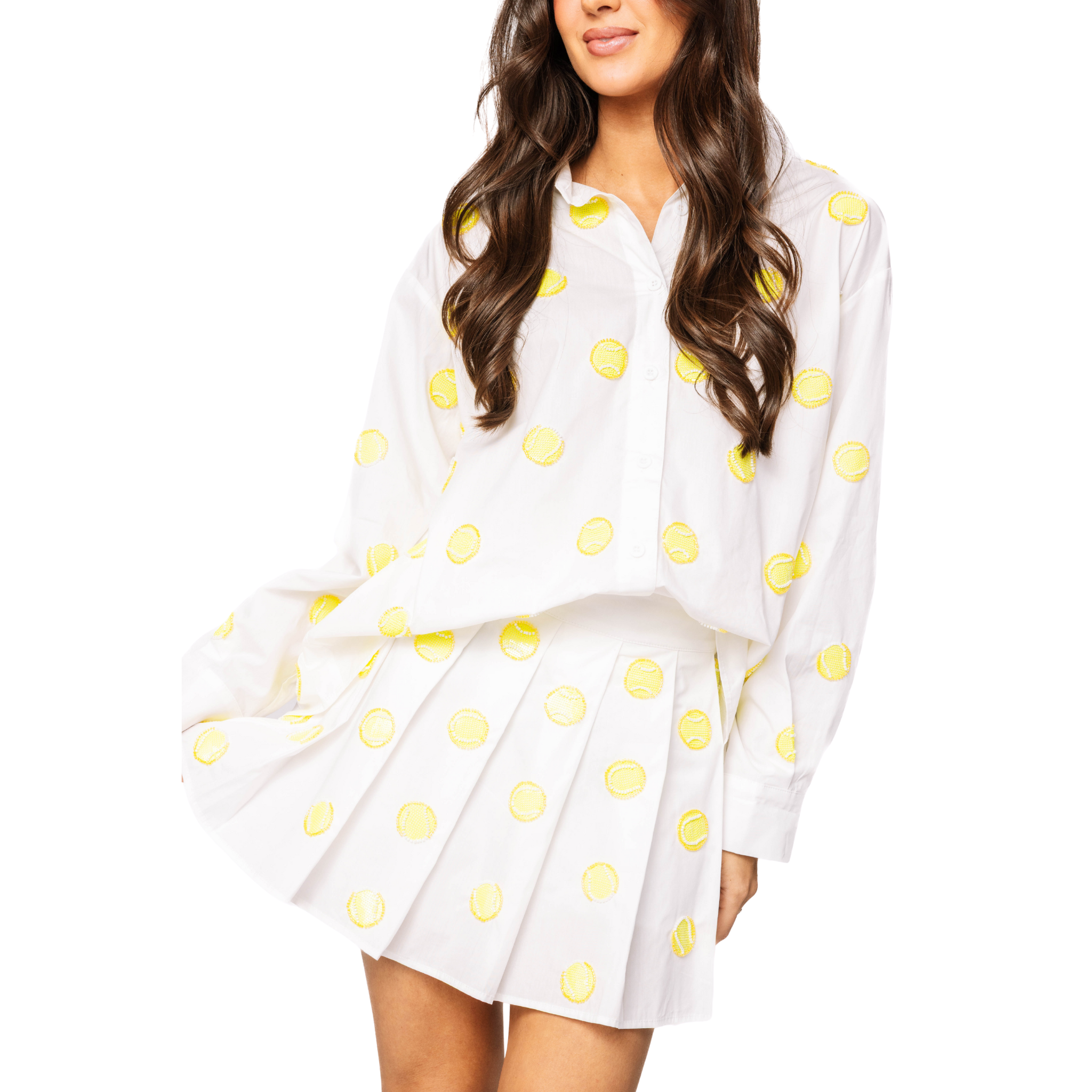 White Scattered Beaded Tennis Ball Button Up Collar Top-Fairley Fancy