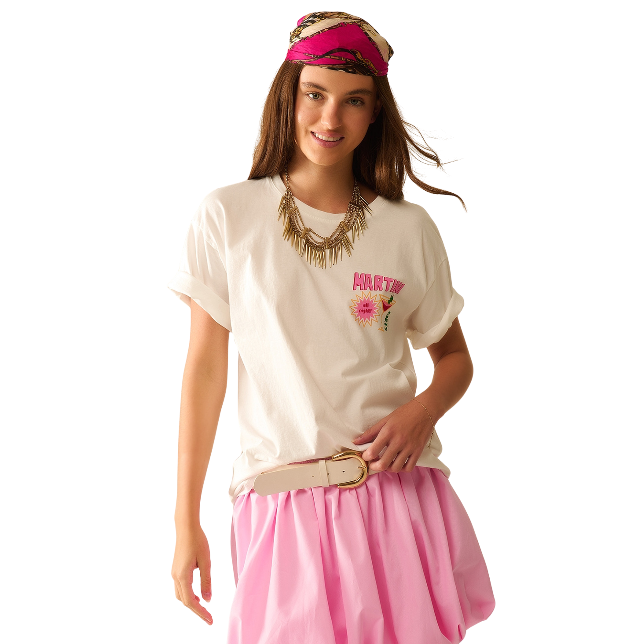 White T-Shirt with Martini Graphic Logo-Fairley Fancy