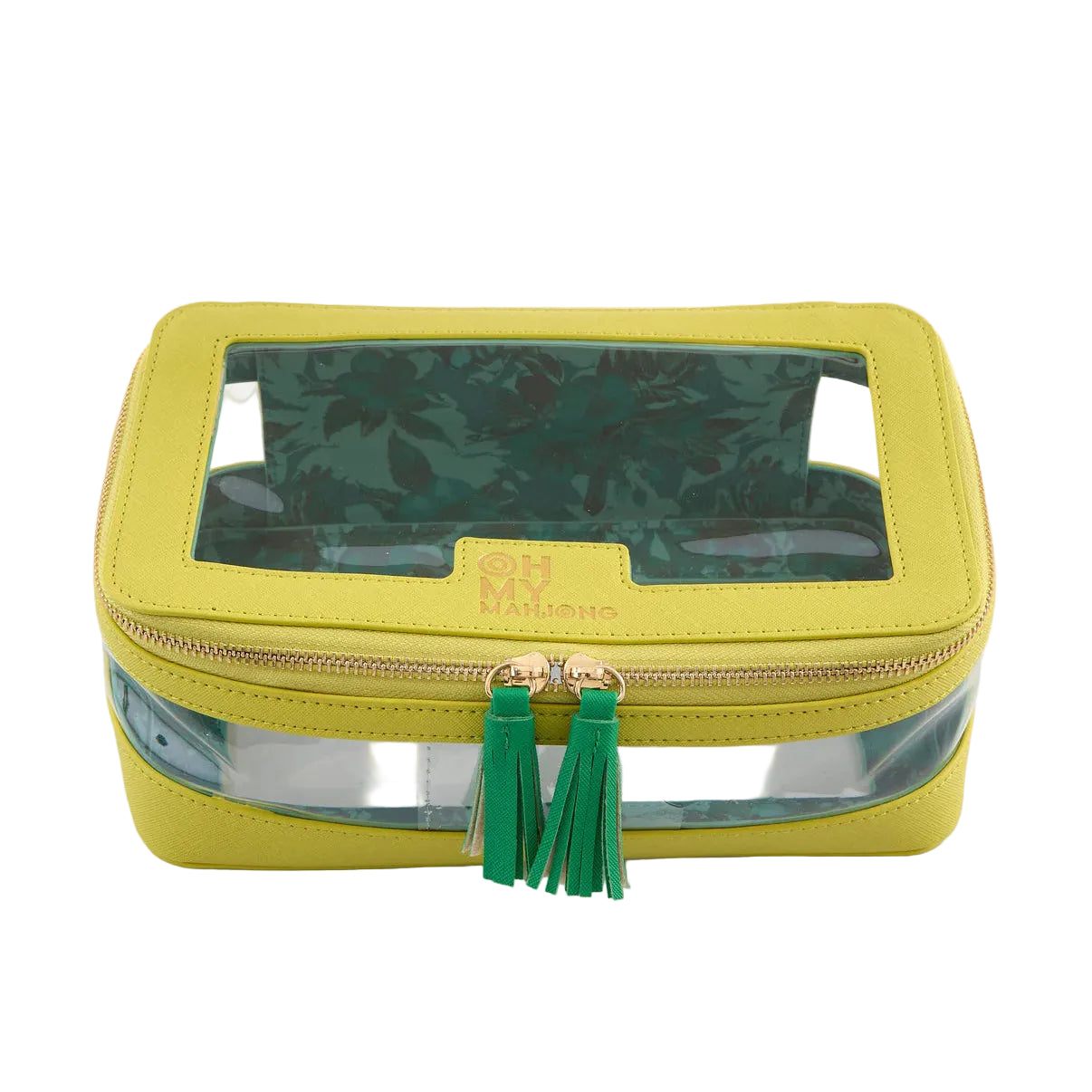 Yellow cosmetic bag with clear section and green tassel on a white background