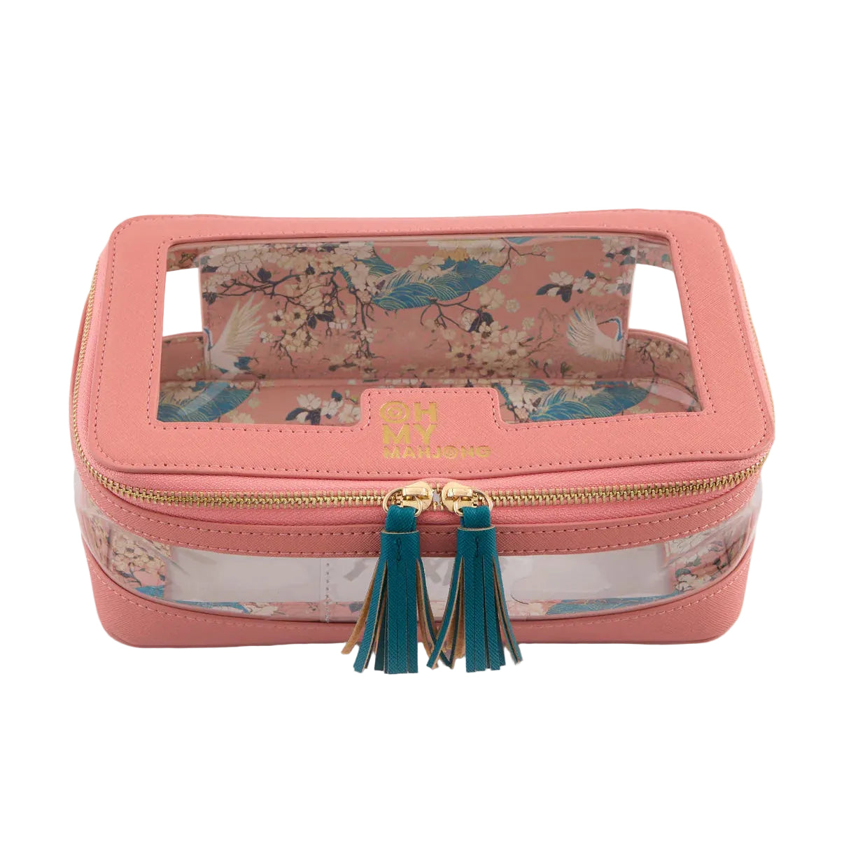 Pink jewelry box with floral design and green tassels on a white background