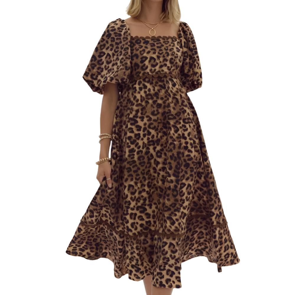 Cheetah Print Square Neck Bubble Sleeve Midi Dress - Fairley Fancy