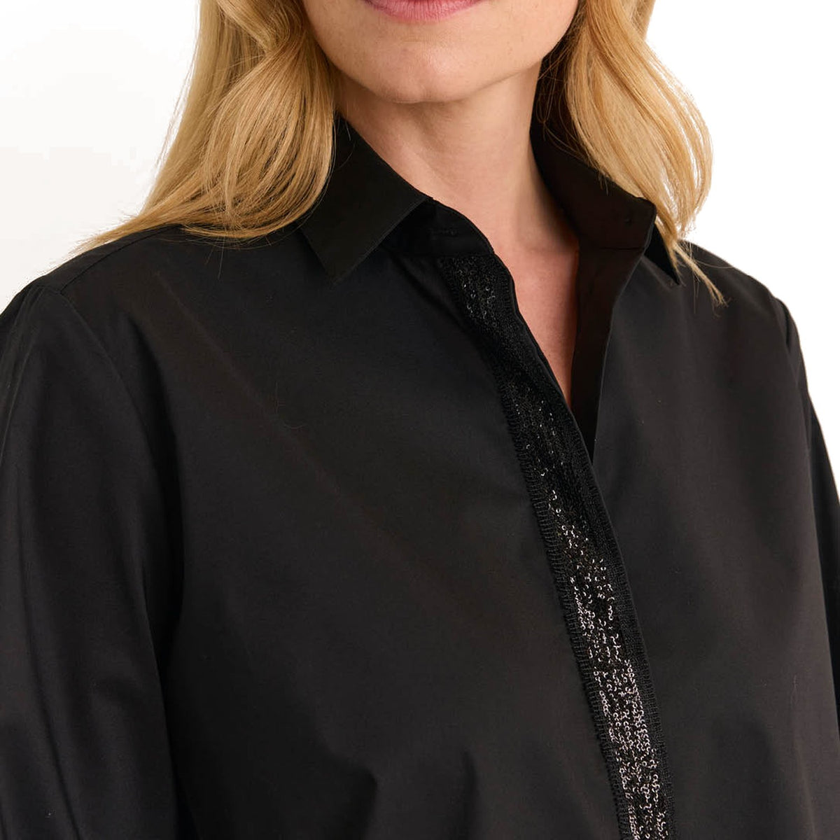 Esther Long Sleeve Sequin Trim Shirt in Black - Fairley Fancy