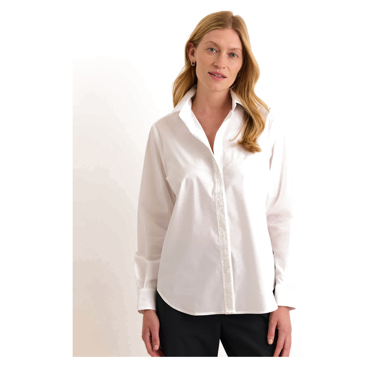 Esther Long Sleeve Sequin Trim Shirt in White - Fairley Fancy
