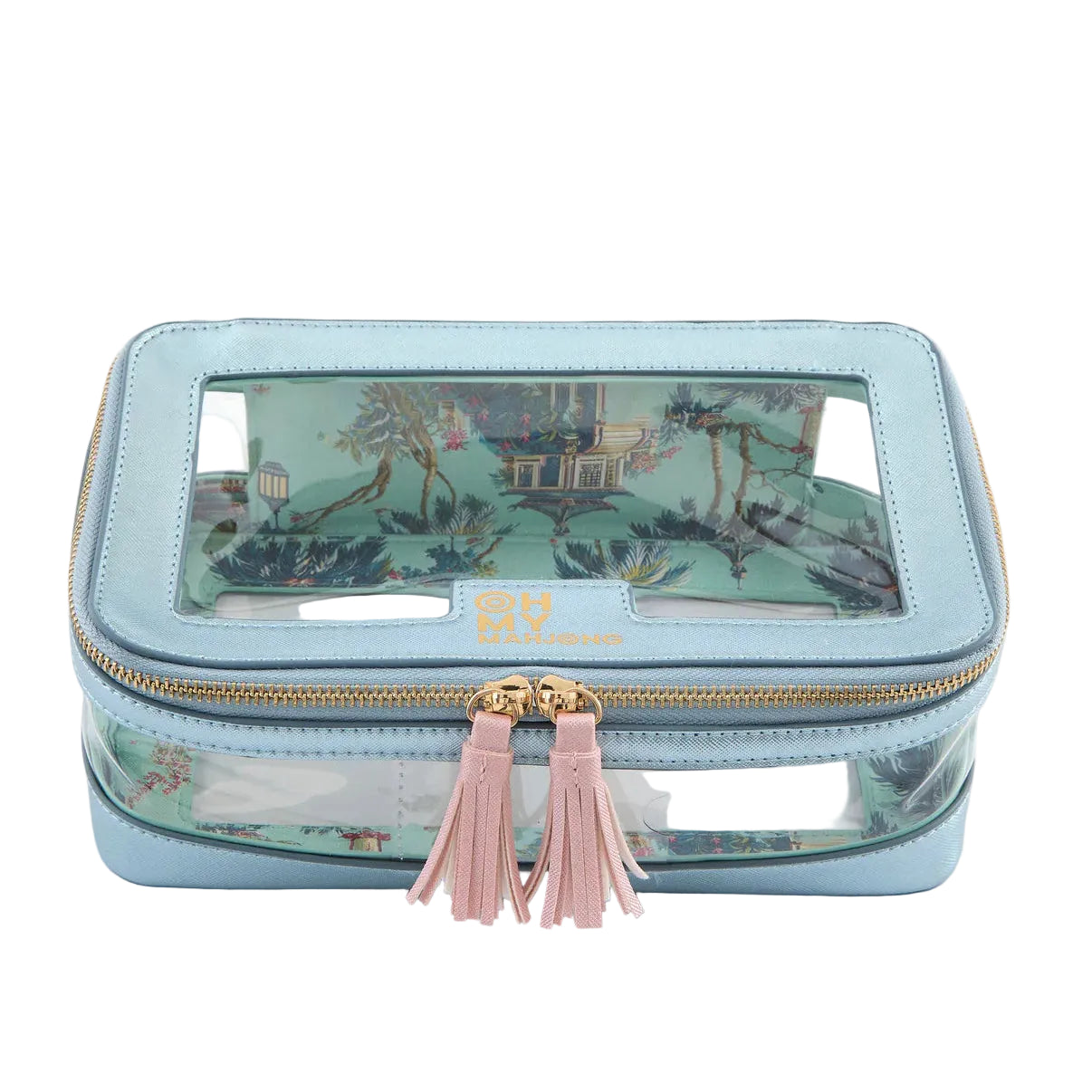Light blue jewelry box with tassels on a white background