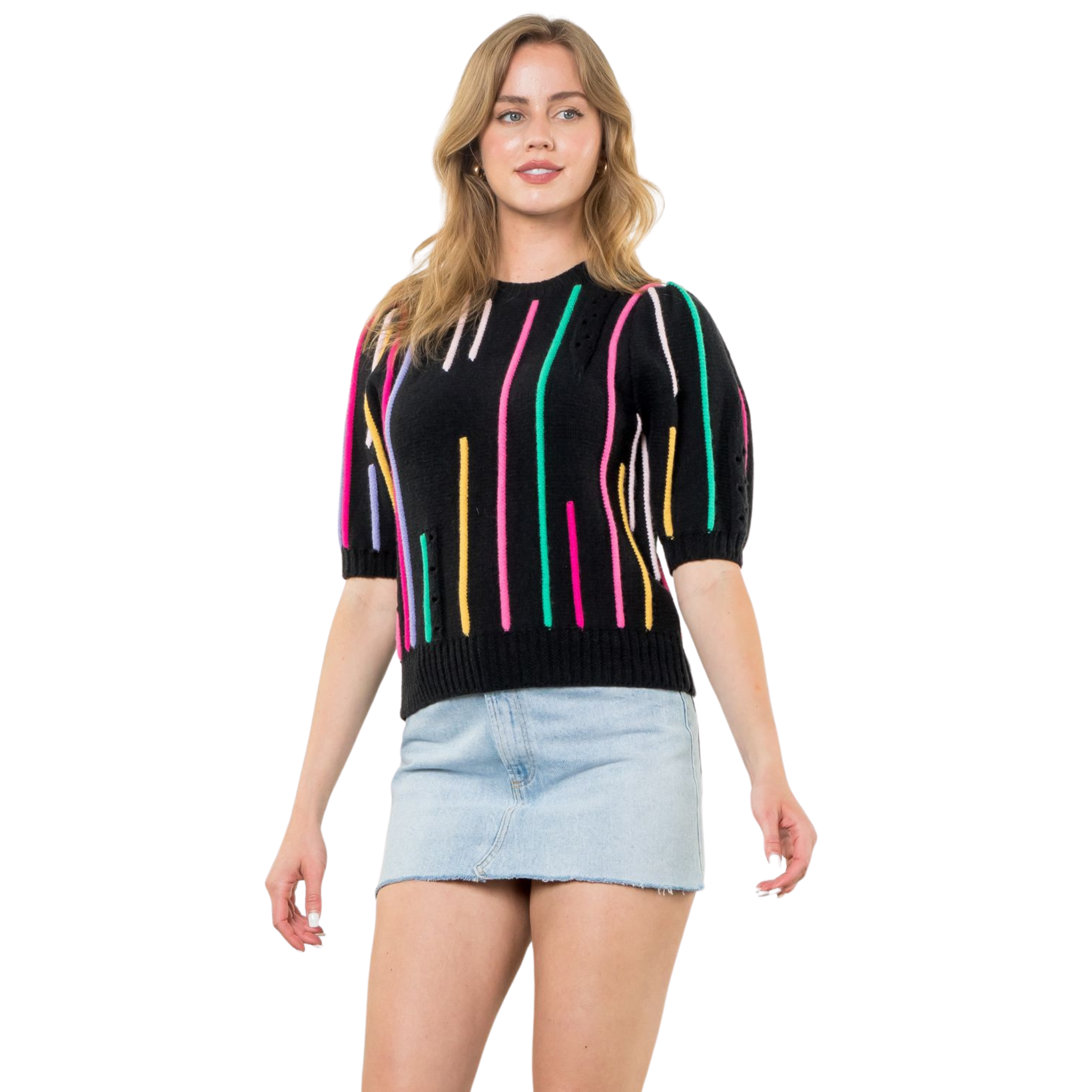 Pattern Knit Top in Rainbow Stripe - Fairley Fancy