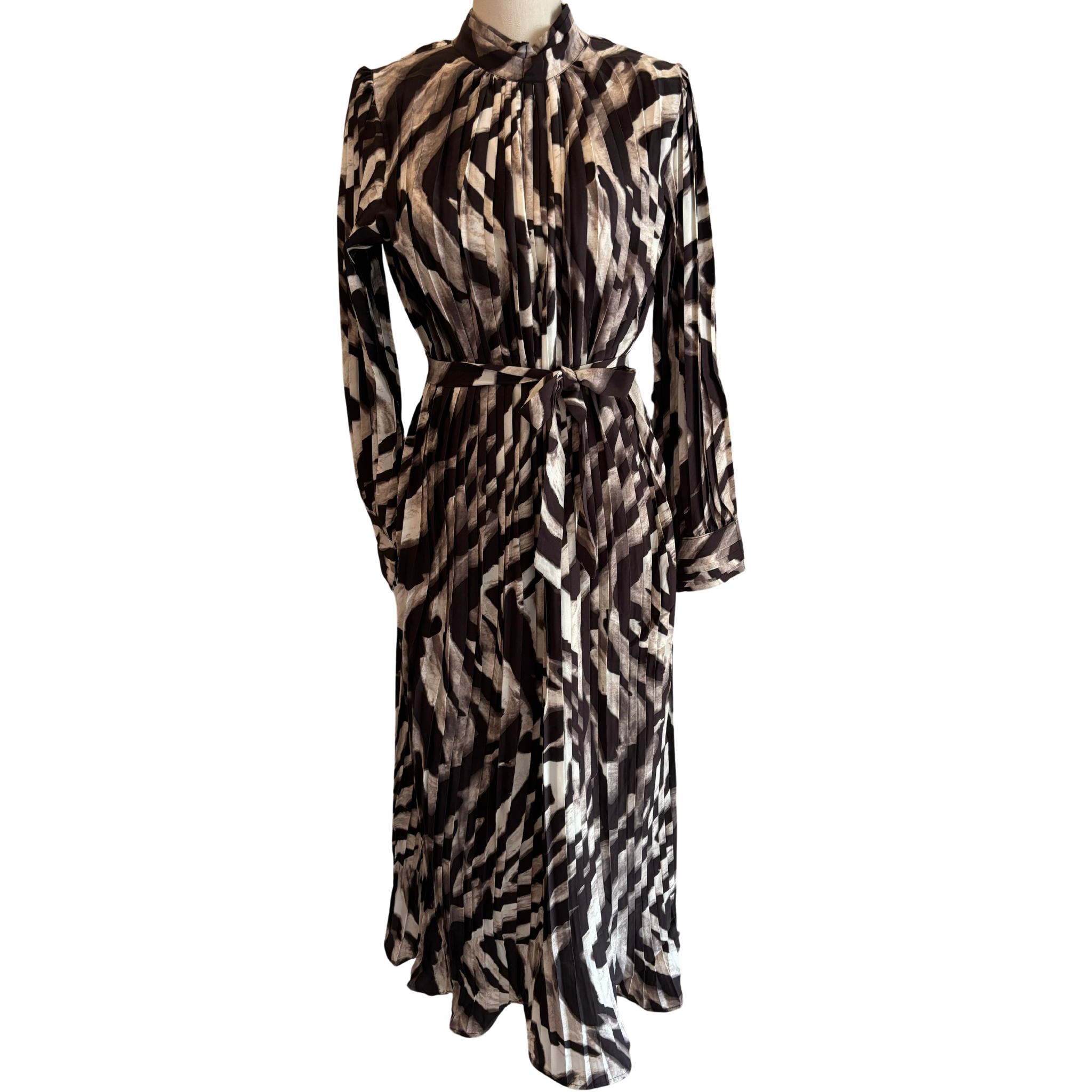 Pleated Coffee Maxi Dress with Tie - Fairley Fancy