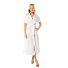 Woman wearing a white dress with a belt on a white background