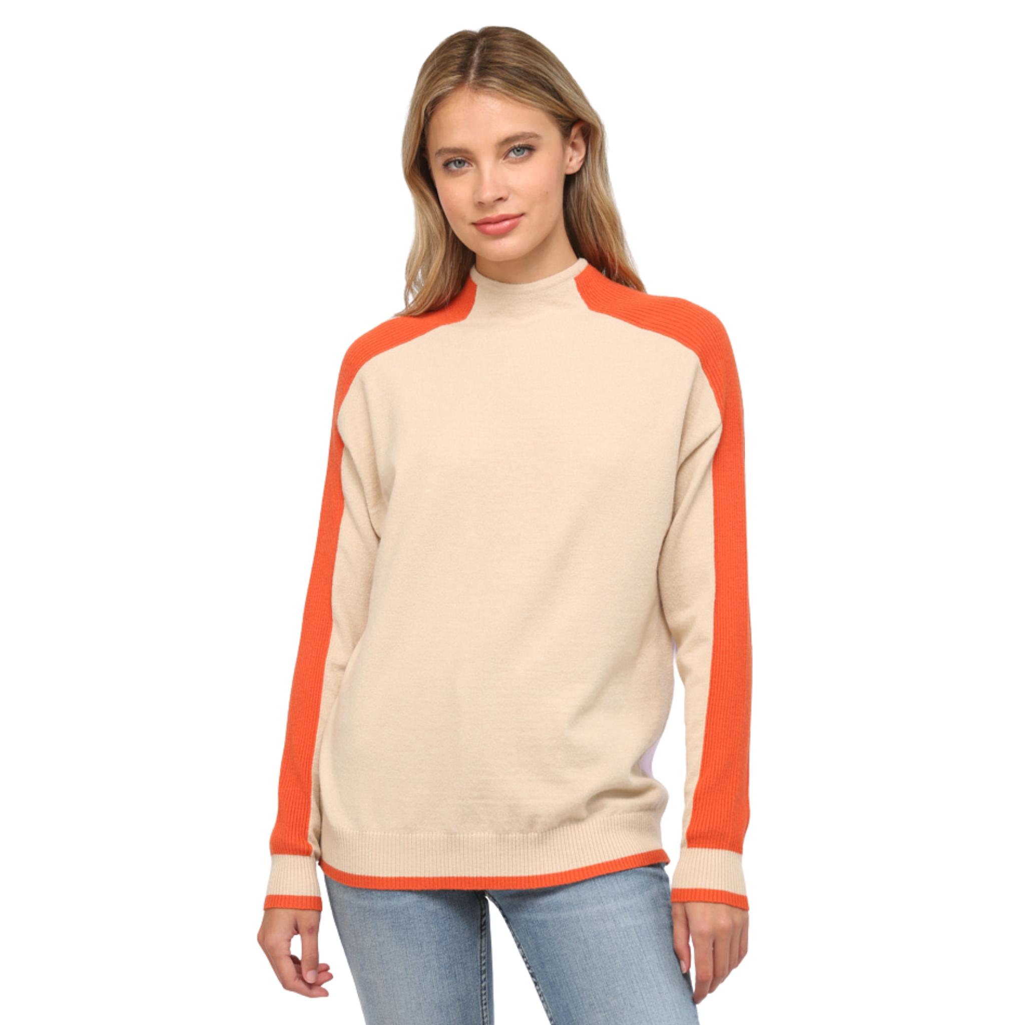 Colorblock Funnel Neck Sweater in Taupe and Orange - Fairley Fancy