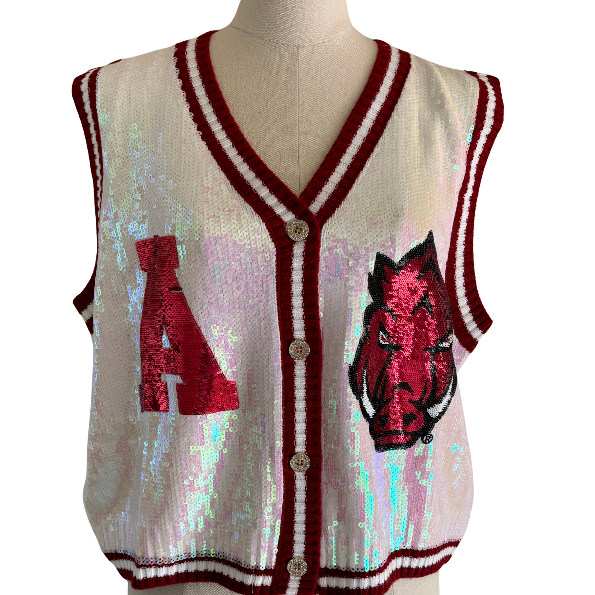 White & Crimson Arkansas Full Sequin Button Up Sweater Vest - Fairley Fancy