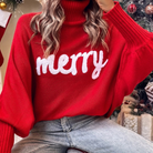 Merry Letter Embroidered High Neck Sweater in Red - Fairley Fancy