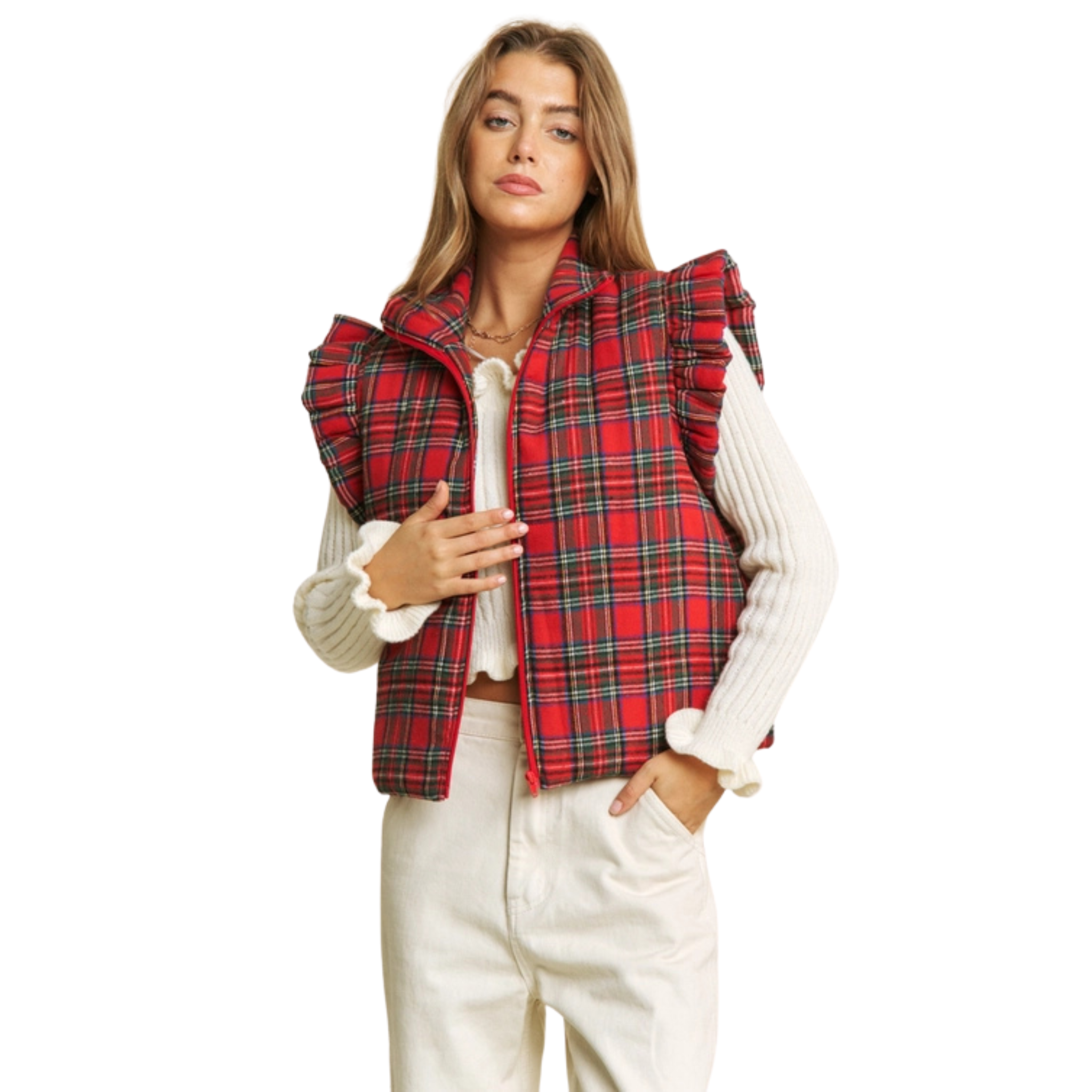 Everyday Plaid Puff Zip Up Vest Jacket with Armhole Ruffle - Fairley Fancy