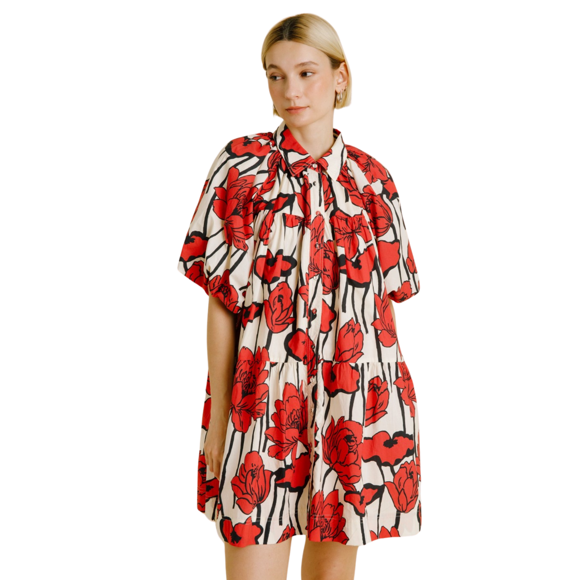 Bubble Sleeve Mini Shirt Dress in Red Floral - Fairley Fancy