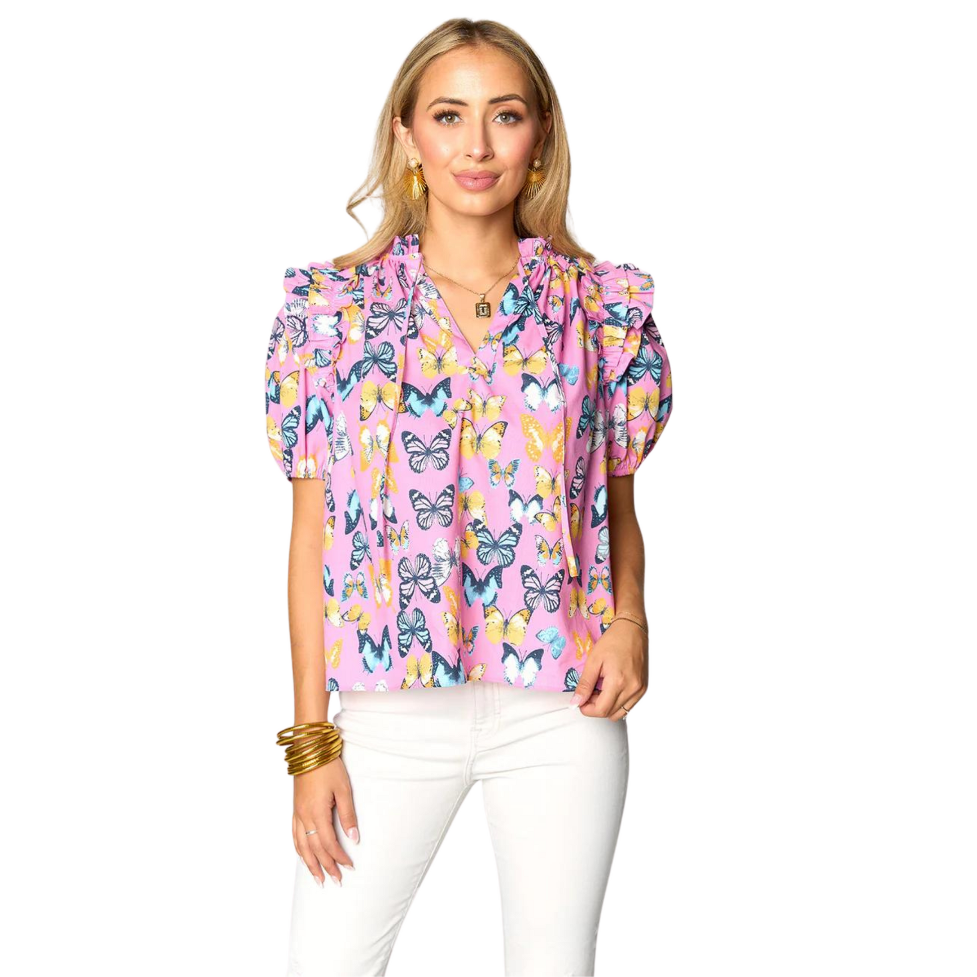 Essie Ruffle Short Sleeve Top in Feelin' Butterflies - FAIRLEY FANCY