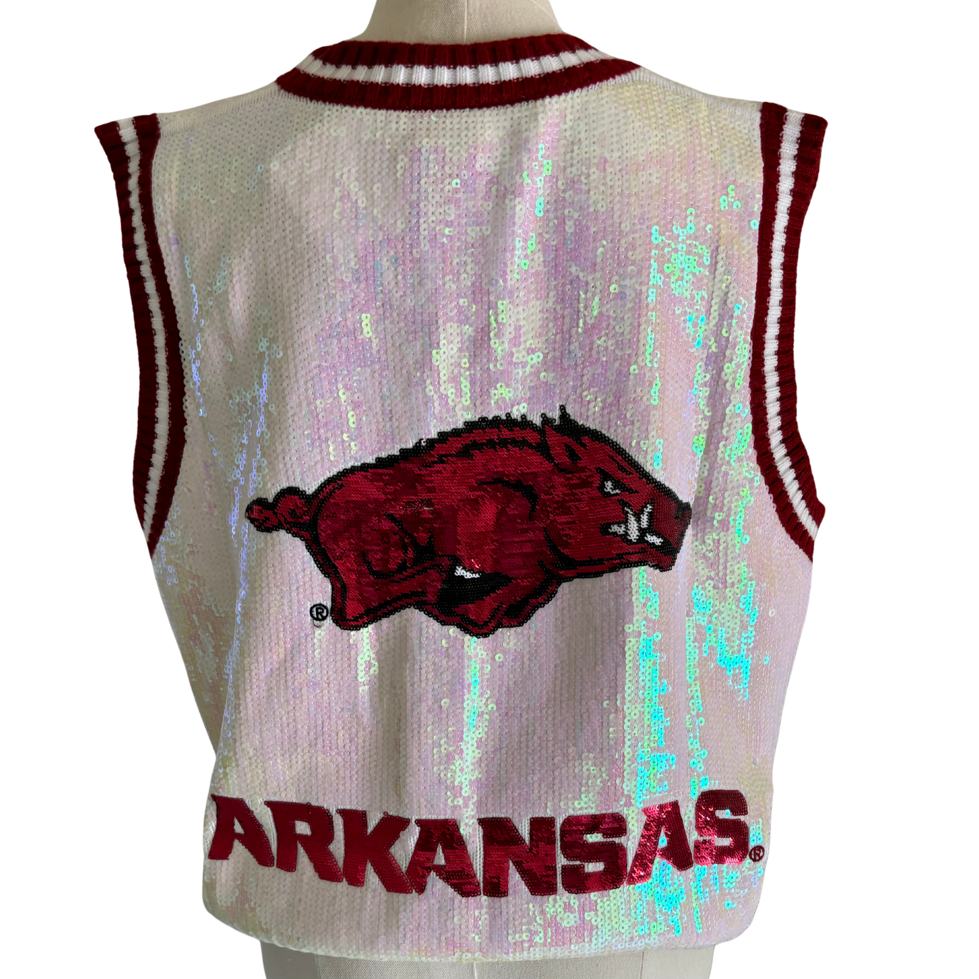 White & Crimson Arkansas Full Sequin Button Up Sweater Vest - Fairley Fancy