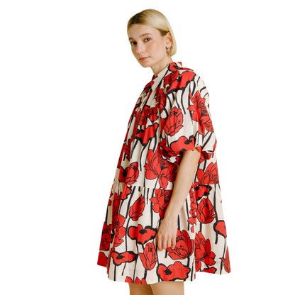 Bubble Sleeve Mini Shirt Dress in Red Floral - Fairley Fancy