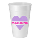 White styrofoam cup with purple heart and pink 'MAHjong' text on a white background