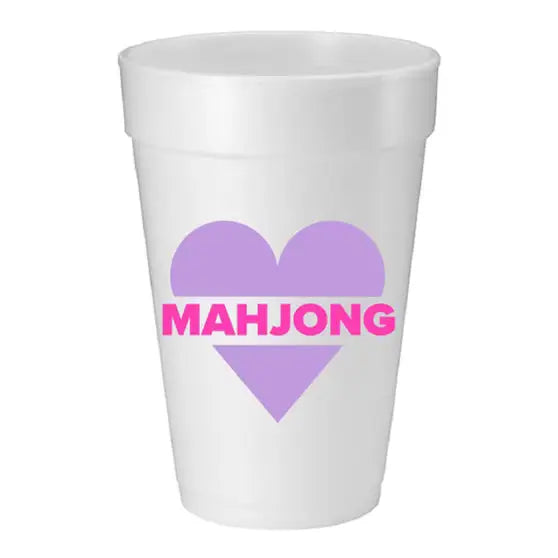 White styrofoam cup with purple heart and pink 'MAHjong' text on a white background