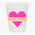 Clear plastic cup with pink hearts and 'MAHjong' text on a white background