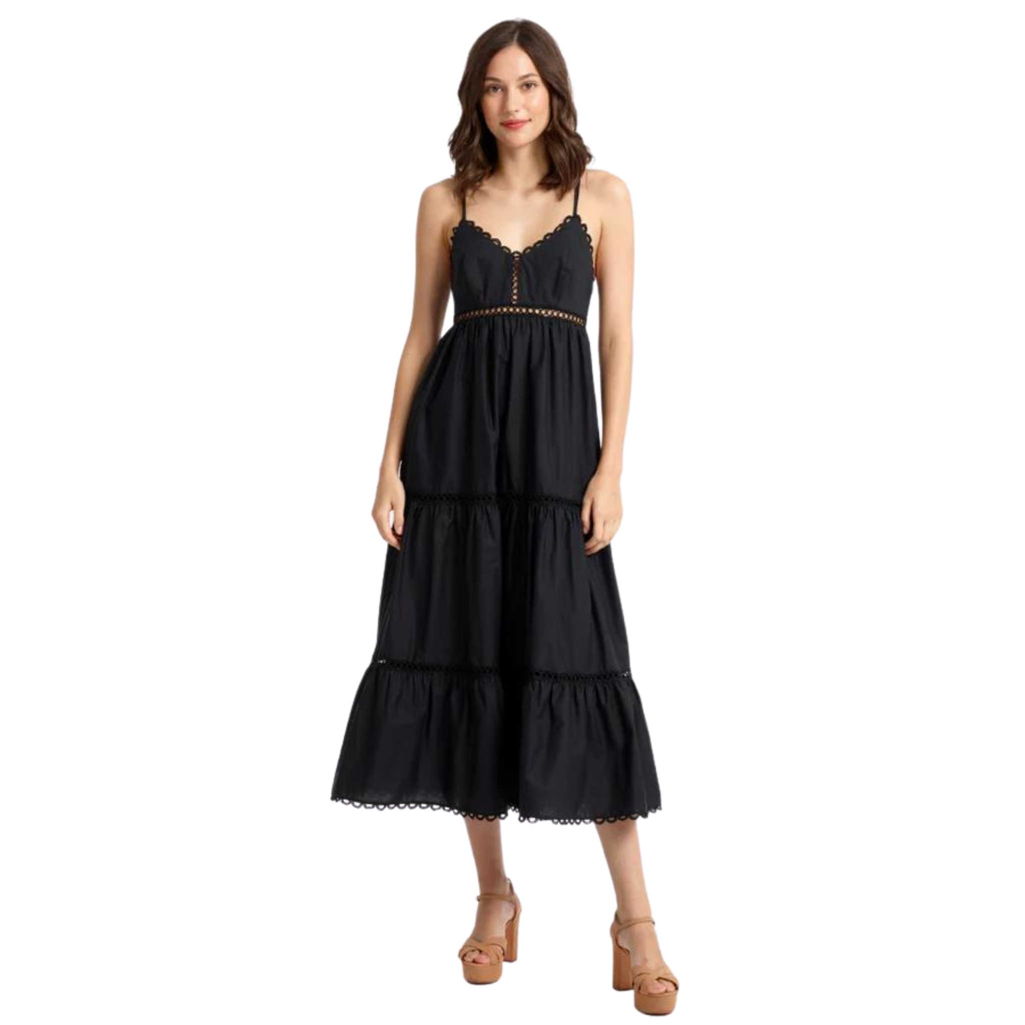 Lace Trim Insert Cami Dress in Black - FAIRLEY FANCY