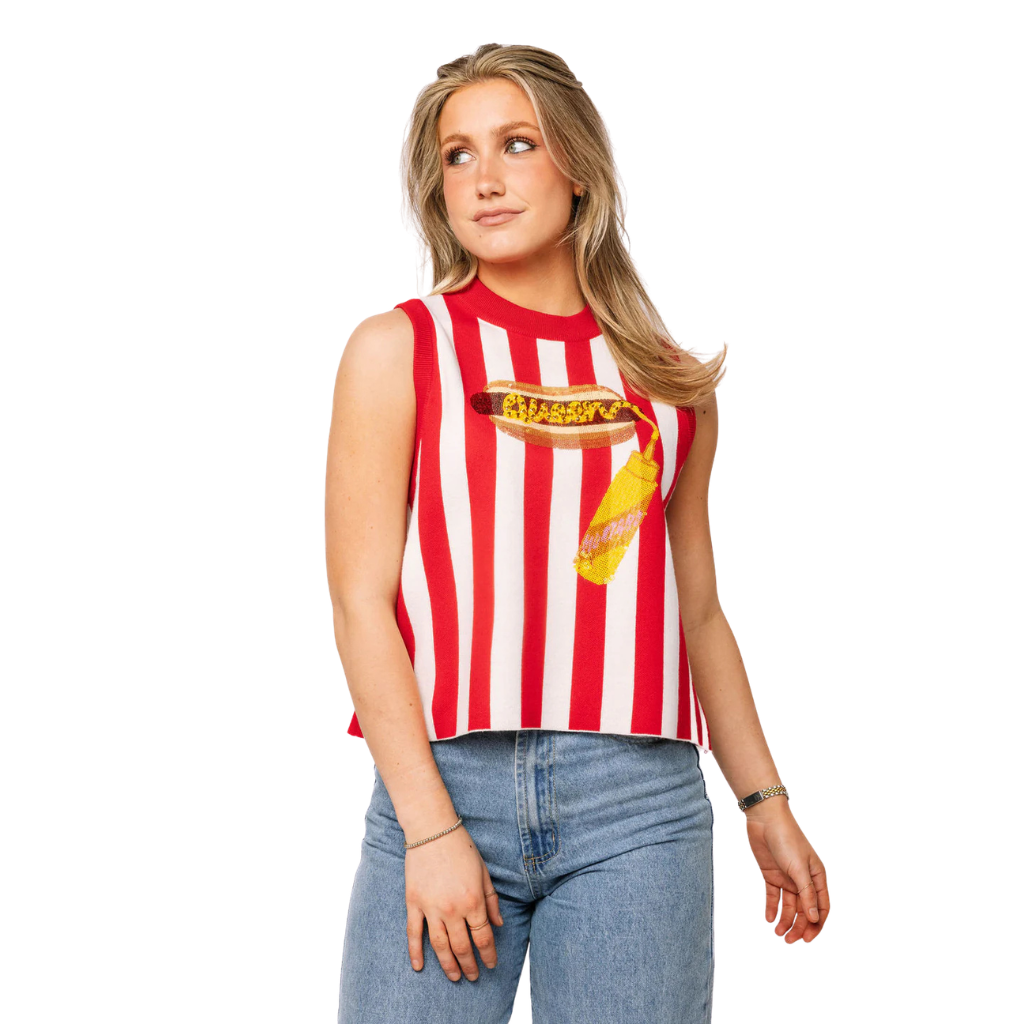 Red & White Striped 'Queen' Mustard on Hot Dog Knit Tank