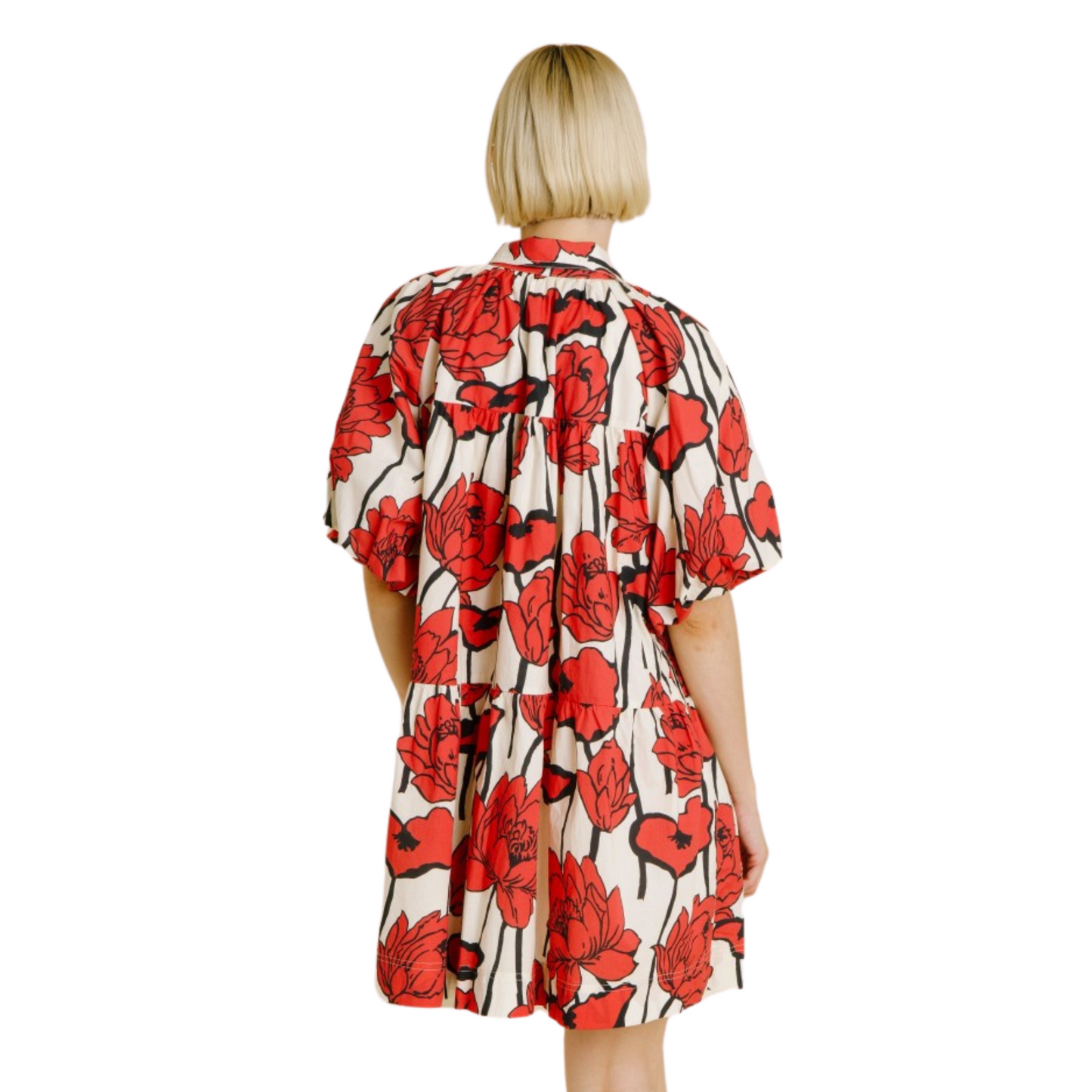 Bubble Sleeve Mini Shirt Dress in Red Floral - Fairley Fancy