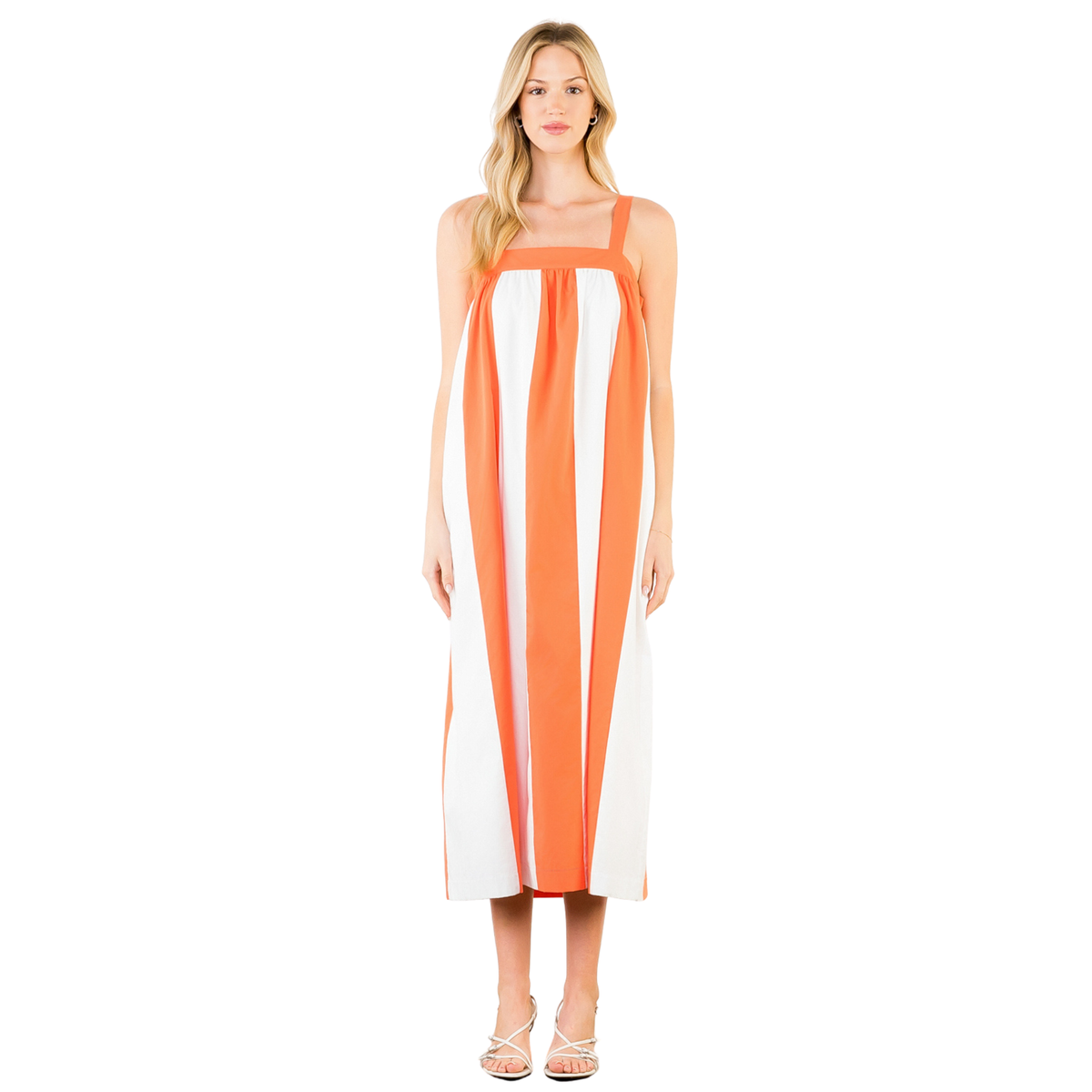 Thin Strap Stripes Midi Dress in Orange and White – Fairley Fancy
