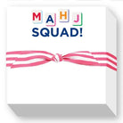 Box with colorful text 'MAHJ SQUAD!' and a pink ribbon on a white background