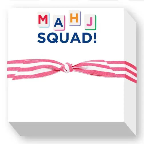 Box with colorful text 'MAHJ SQUAD!' and a pink ribbon on a white background