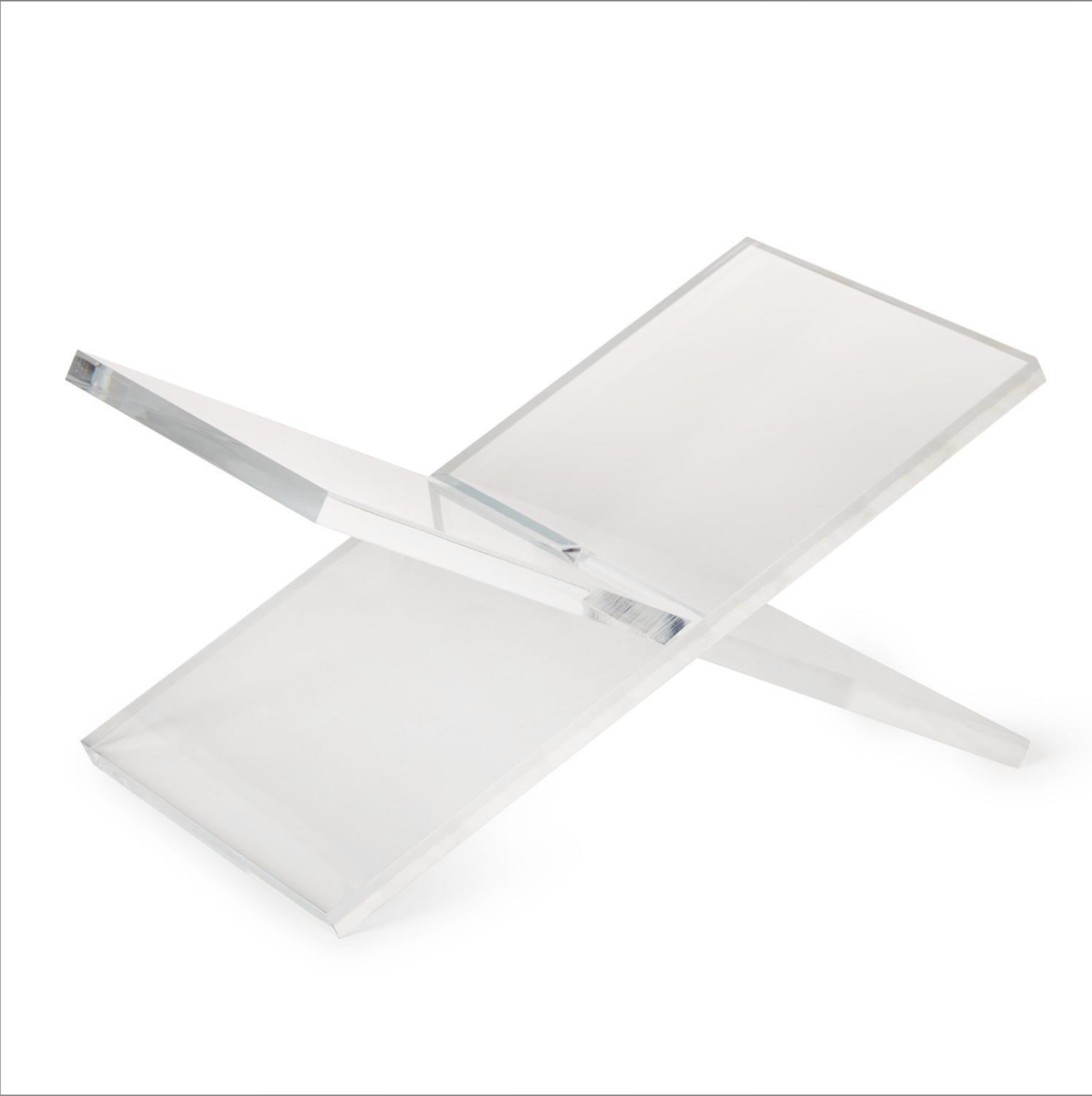 A modern acrylic geometric display stand made of clear frosted acrylic blocks, shown on a seamless white background.