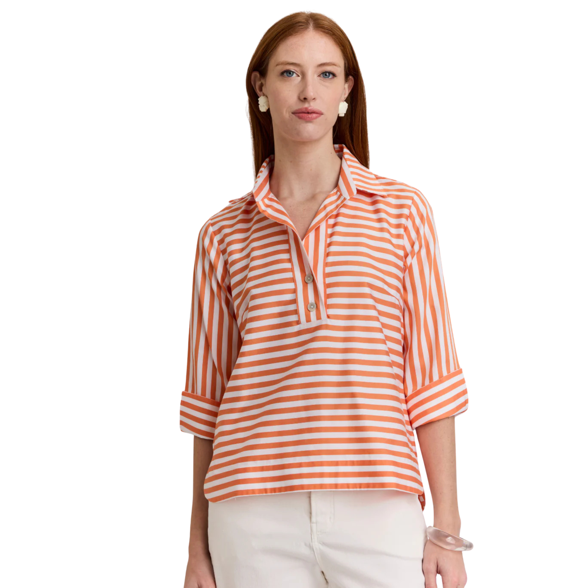Aileen 3/4 Sleeve Stripe/Gingham White Combo Top in Tangerine/White-Fairley Fancy