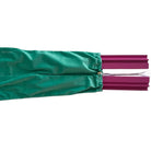 Green drawstring bag with pink cylindrical items on a white background
