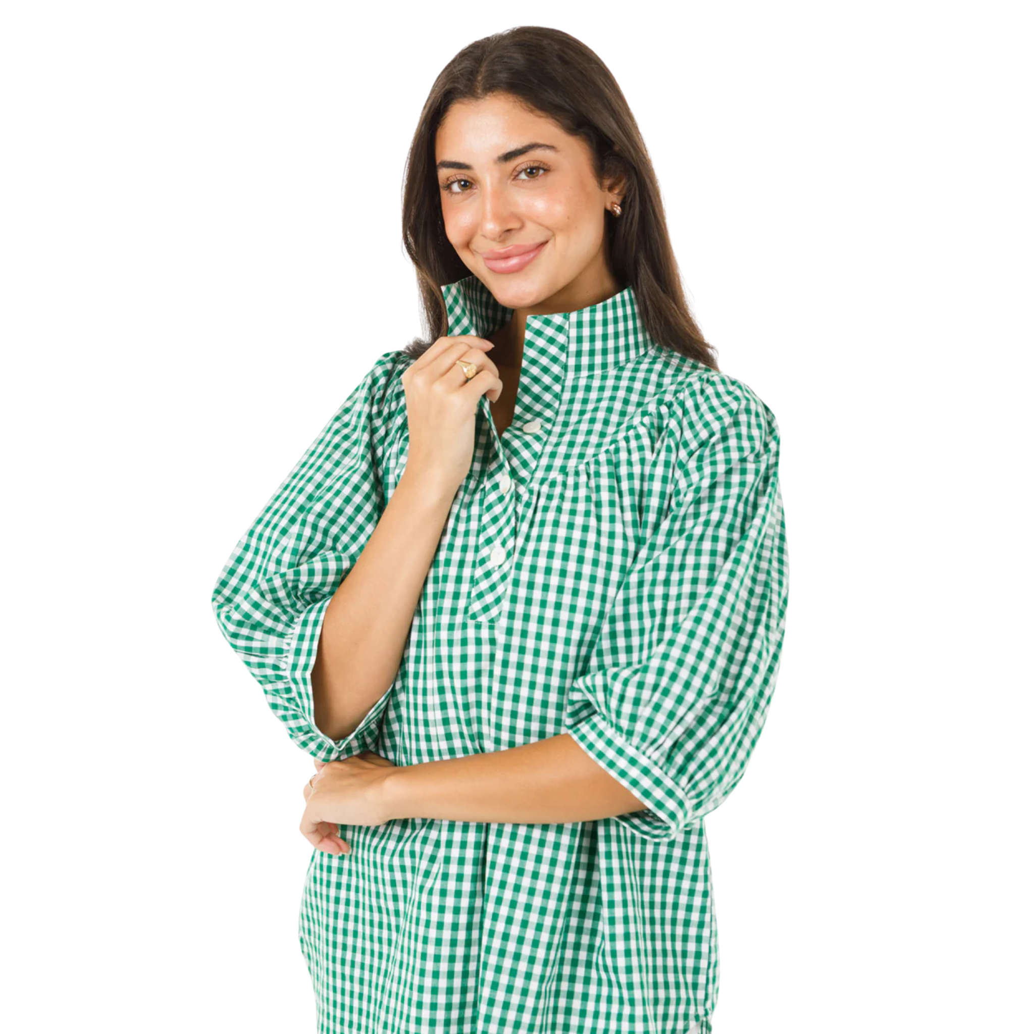 Avie Top in Green and White Gingham-Fairley Fancy