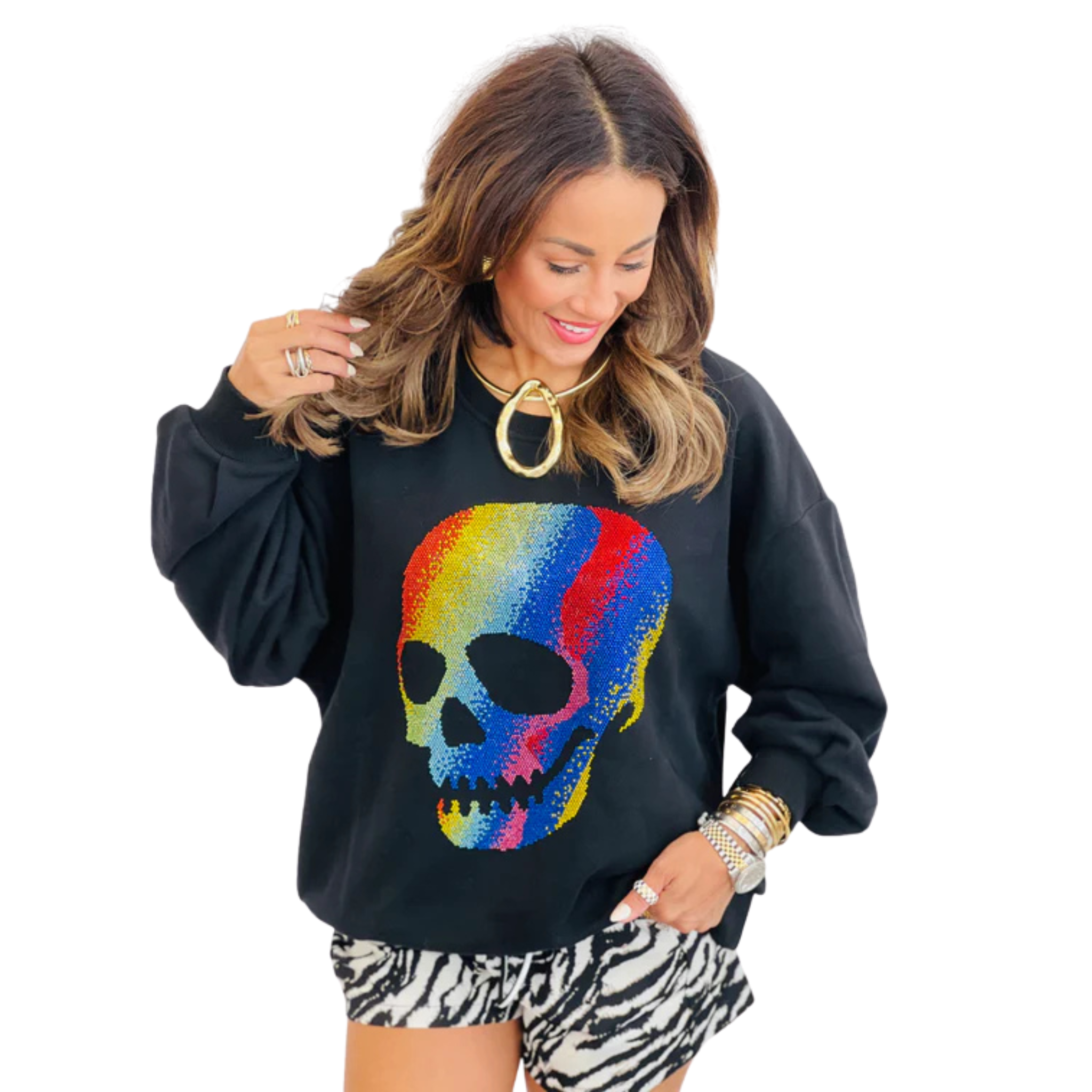 Black Rainbow Rhinestone Skull Sweatshirt-Fairley Fancy