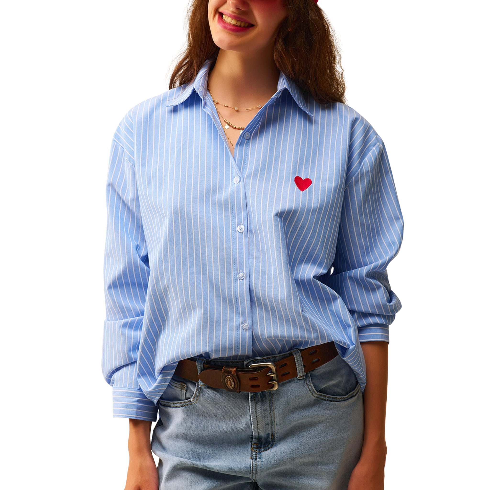 Blue Striped Shirt with Red Heart Embroidery-Fairley Fancy