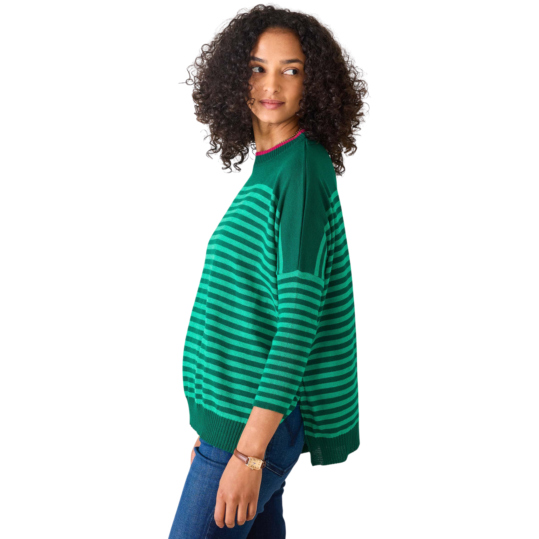 Catalina Modern Crewneck Sweater in Green Stripe-Fairley Fancy