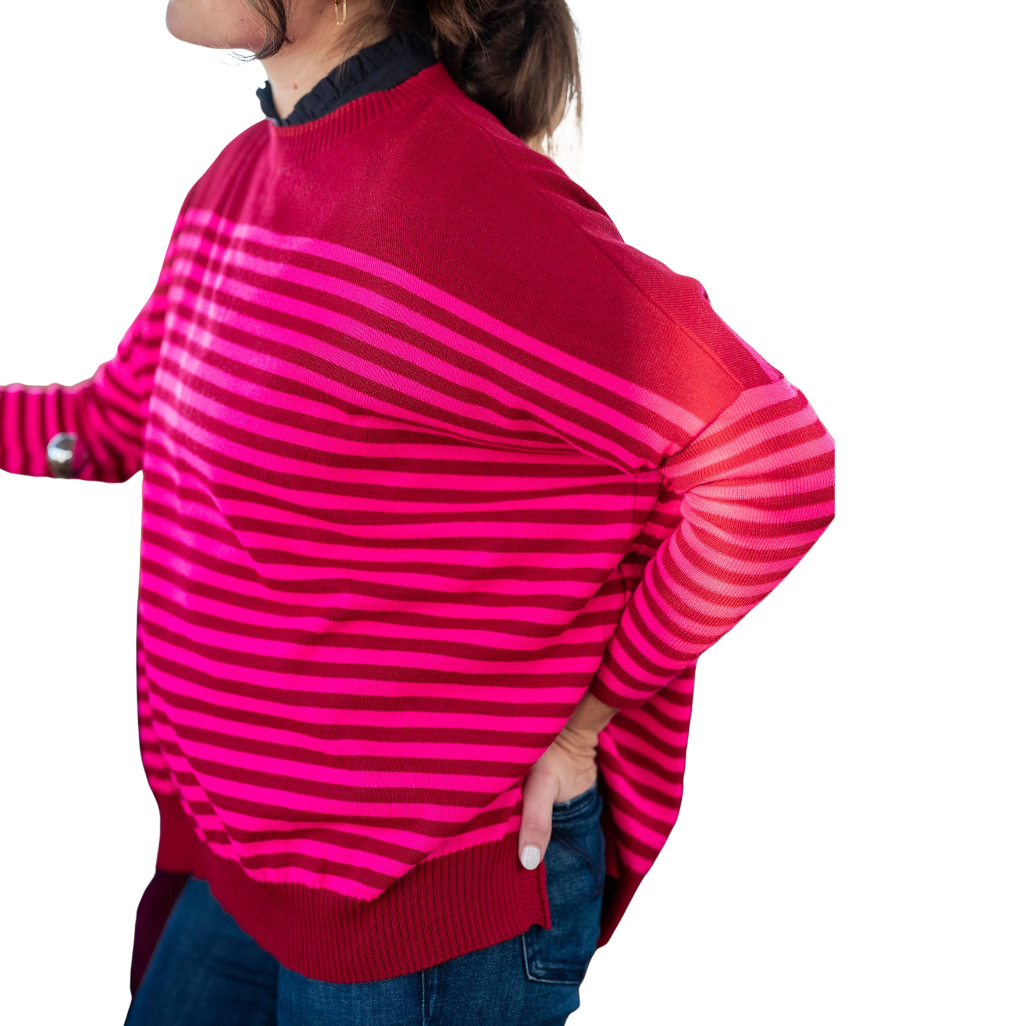 Catalina Modern Crewneck Sweater in Magenta Stripe-Fairley Fancy