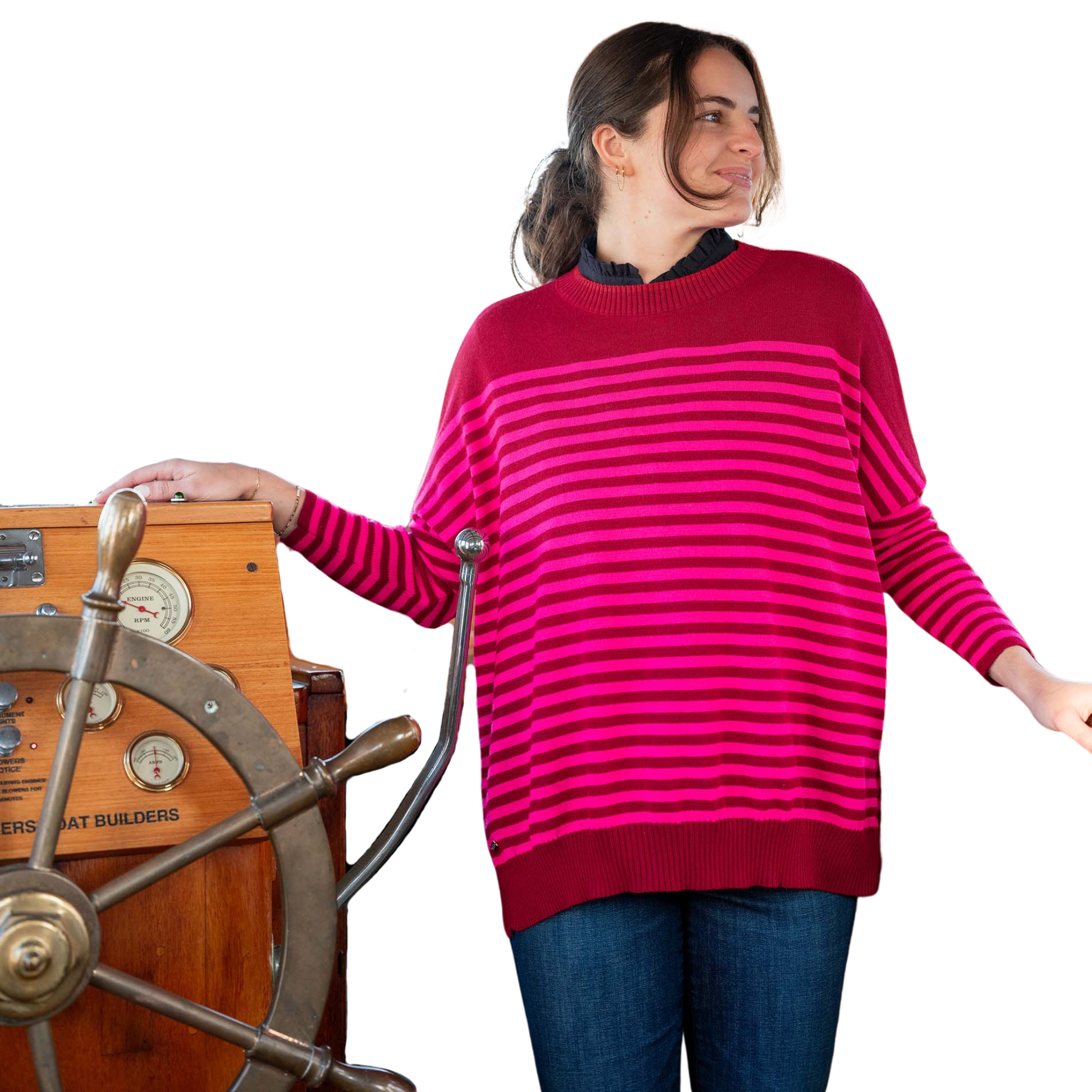 Catalina Modern Crewneck Sweater in Magenta Stripe-Fairley Fancy