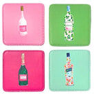 Four coasters with bottle illustrations on a white background