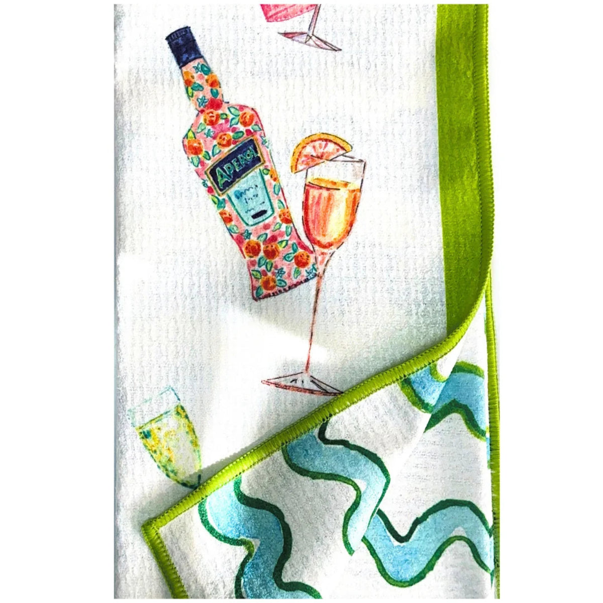 Towel with a colorful design of a bottle and cocktail on a white background