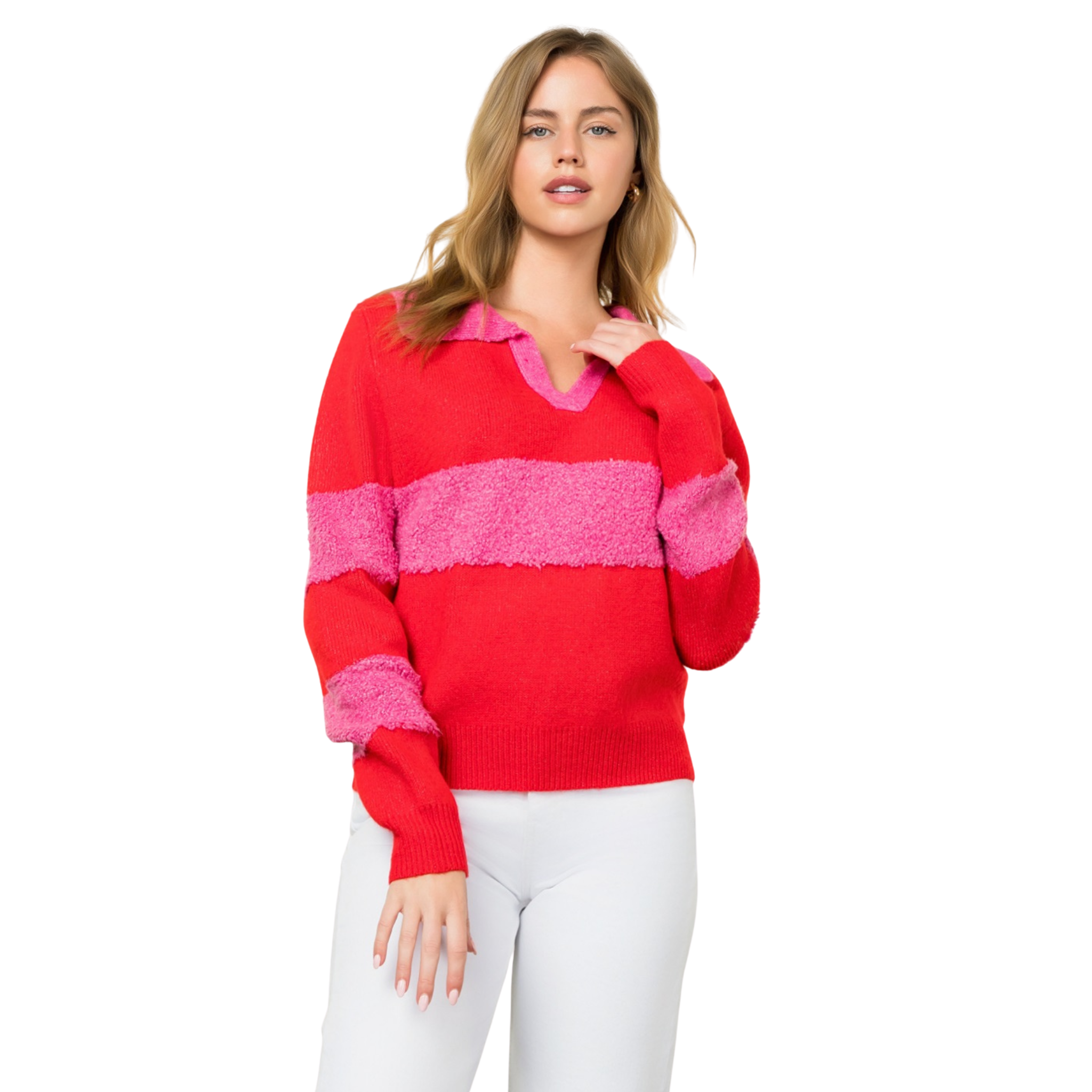 Collared Colorblock Sweater in Red-Fairley Fancy