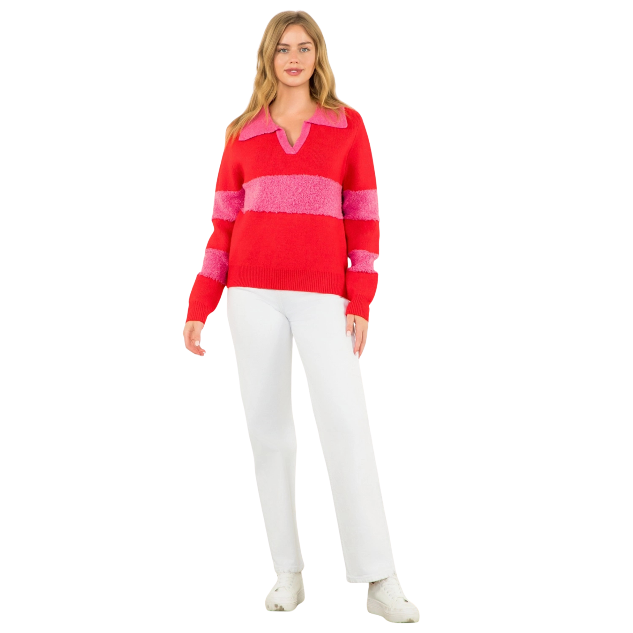 Collared Colorblock Sweater in Red-Fairley Fancy