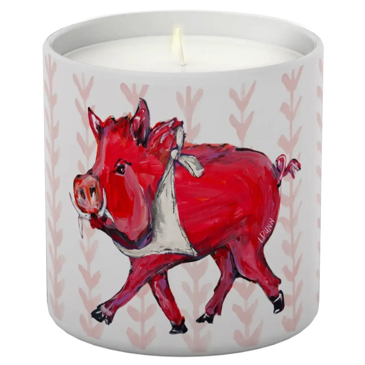 Candle in a container with a red boar design on a white background