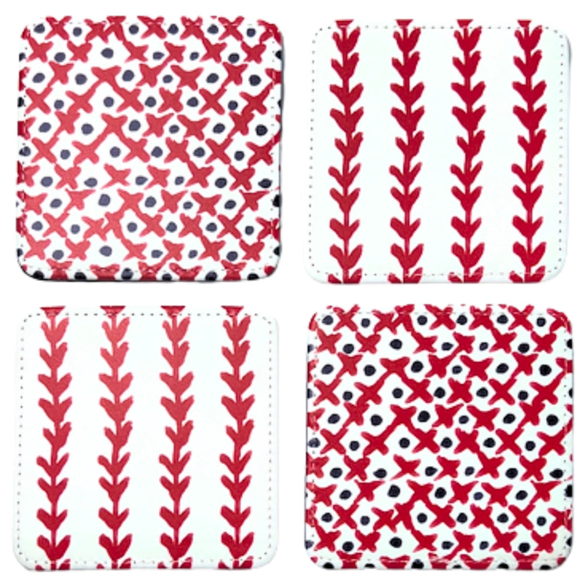 Four square coasters arranged in a 2x2 grid on a white background. Each coaster has a white base with a red and black pattern: two show vertical red leaf-like stripes, and two show a red X pattern with black dots around the edges.