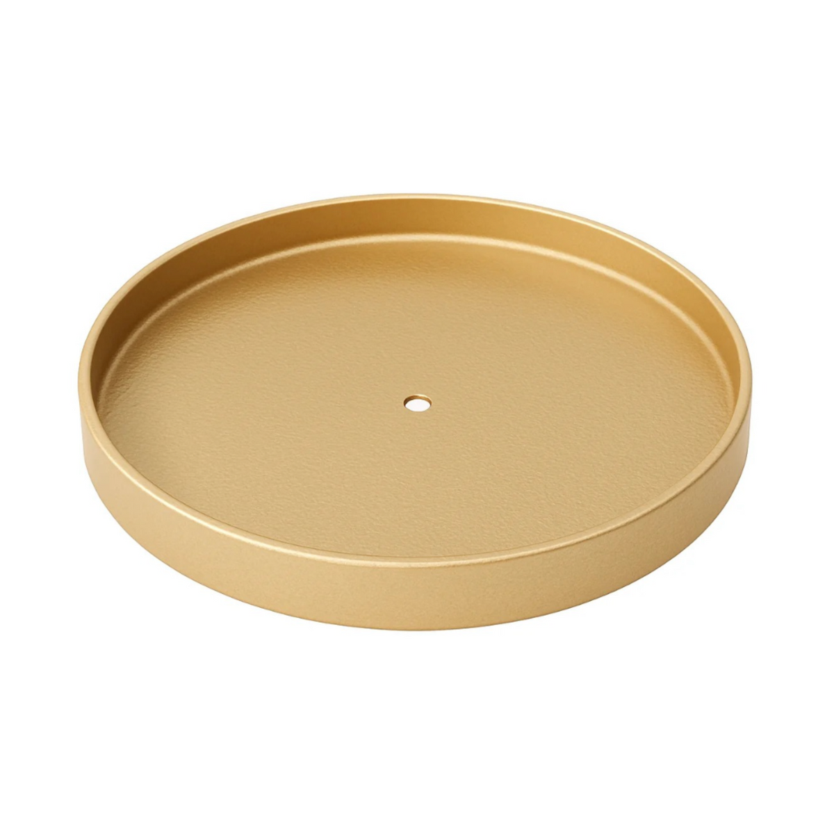 A round, shallow tray or dish with a textured metallic gold finish, featuring a small central hole, shown on a solid white background.